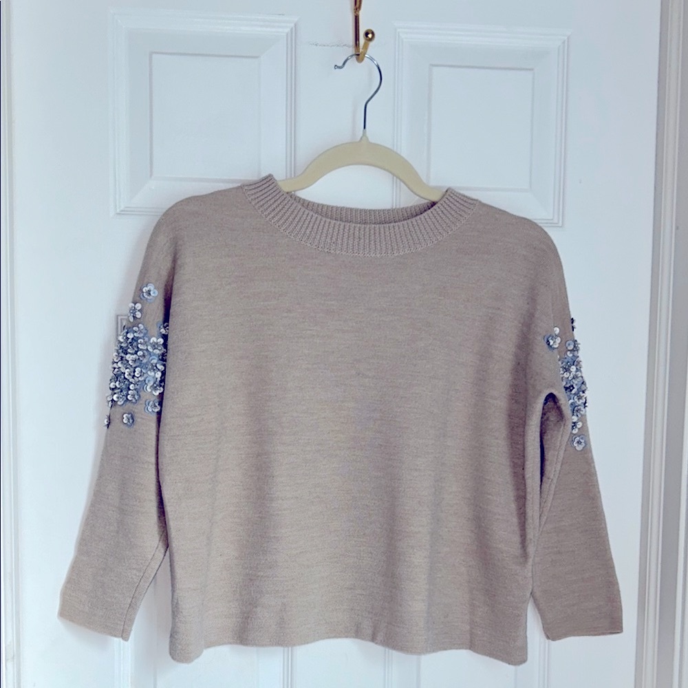 J. Crew Tan Crewneck Sweater with Floral Bead and Sequin Embellished Sleeves